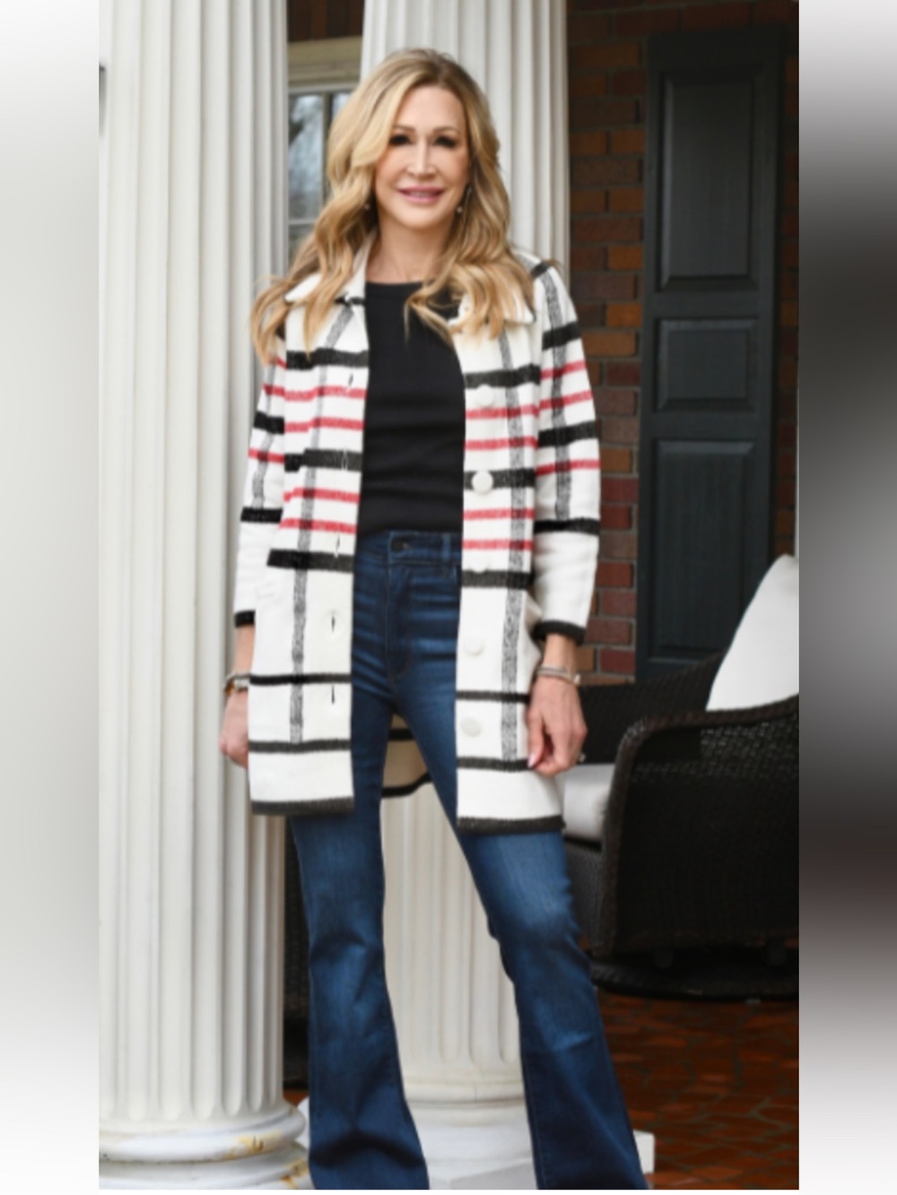 Cabi White Plaid Pea Coat with Black & Red Accents pockets M